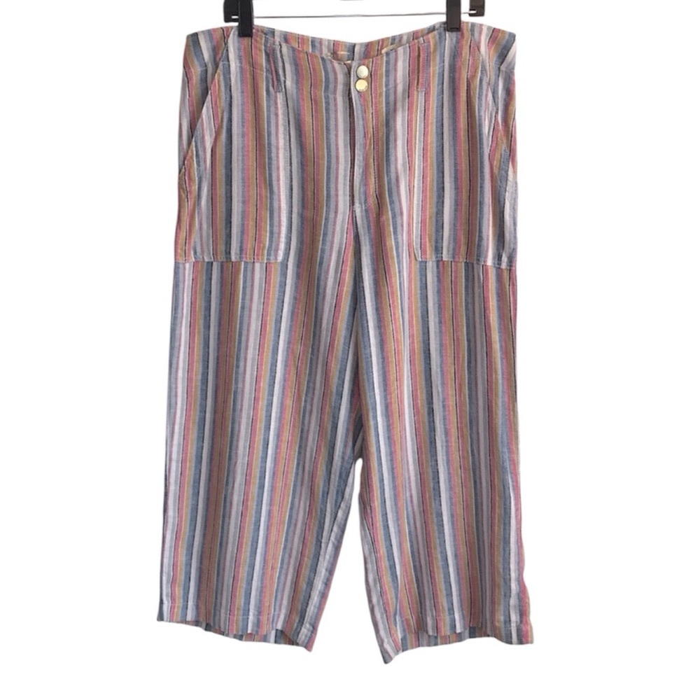 🔴 4/$15 Seven7 Women’s L Multi Blue Pink Yellow Stripe Wide Leg Crop Pants EUC